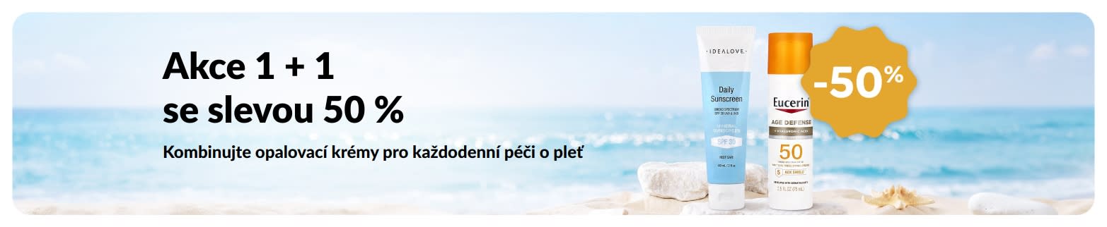 Banner iHerb na opalovací krémy s nabídkou „1 + 1 s 50% slevou“, představující dva SPF produkty pro každodenní péči o pleť.