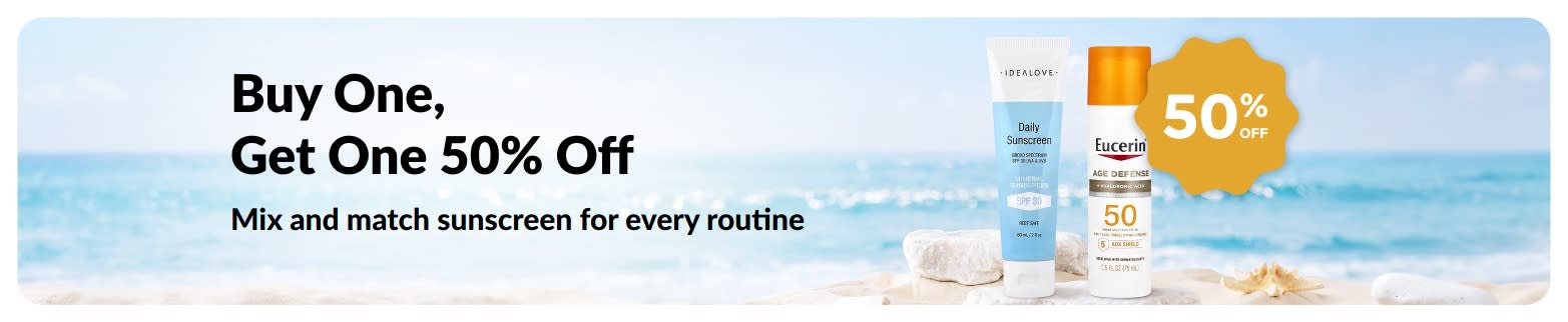 iHerb sunscreen promo banner offering buy one get one 50% off, featuring two SPF skincare products for daily use.