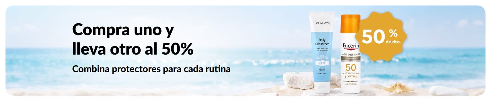 Banner promocional de iHerb con la oferta “Compra uno y lleva otro a mitad de precio” con productos del cuidado de la piel de uso diario.
