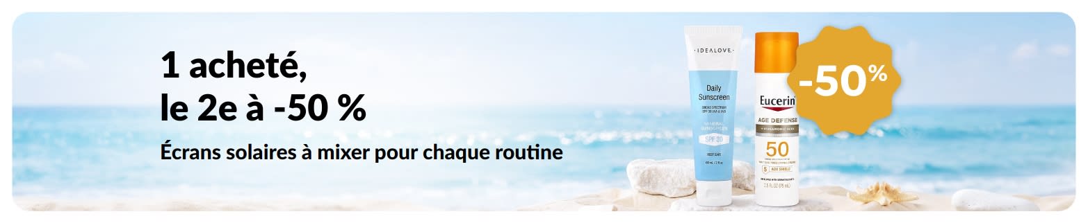Bannière promo iHerb : 1 acheté, le 2e à -50 %, avec deux produits SPF pour un usage quotidien.