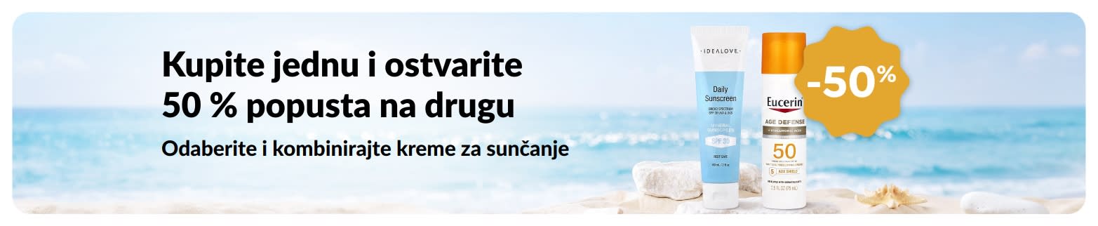 iHerb reklamni natpis za kreme za sunčanje koji promovira ponudu „Kupite jednu kremu za sunčanje i ostvarite 50 % popusta na drugu“ s prikazom dva proizvoda sa SPF faktorom za svakodnevnu njegu kože.