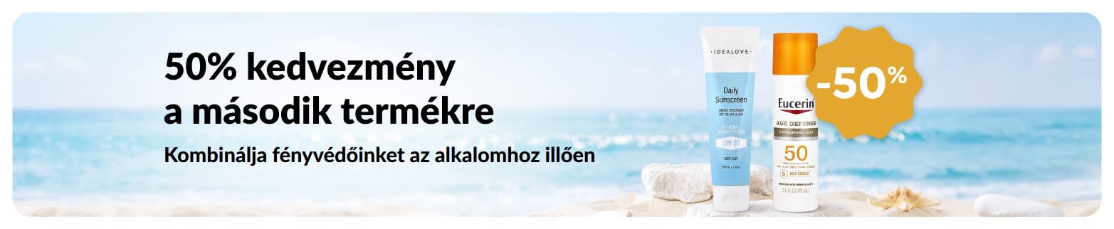 Az iHerb napvédő promóciós bannere, amelyen „-50% a második termékre” ajánlat szerepel, és amely két SPF-tartalmú fényvédőt ábrázol.