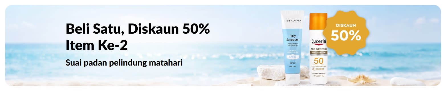 Sepanduk promosi pelindung matahari iHerb menawarkan beli 1 diskaun 50% item ke-2, dengan 2 produk penjagaan SPF untuk kegunaan harian.