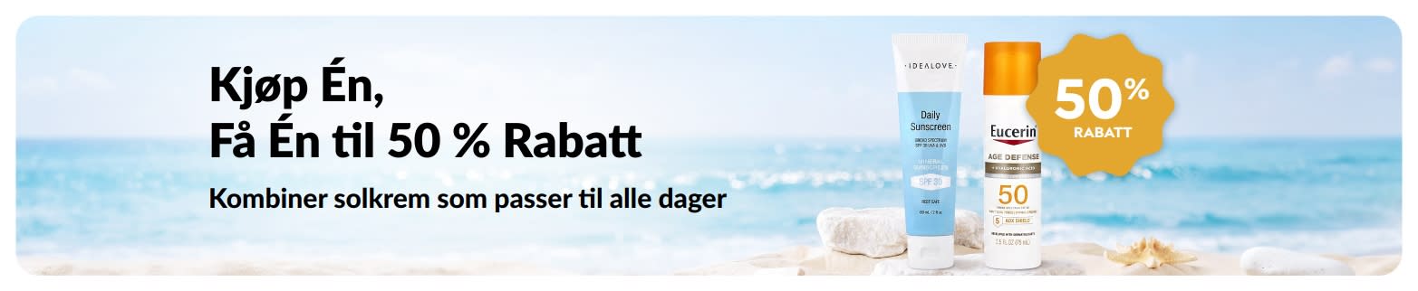 iHerb-kampanjebanner for solkrem: Kjøp én, få én til 50 % rabatt. Inneholder to SPF-hudpleieprodukter for daglig bruk.