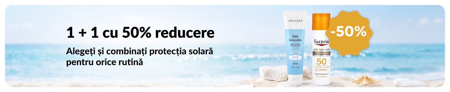 Banner iHerb cu protecție solară, cu oferta 1 + 1 cu 50% reducere și produse cu protecție solară pentru uz zilnic.