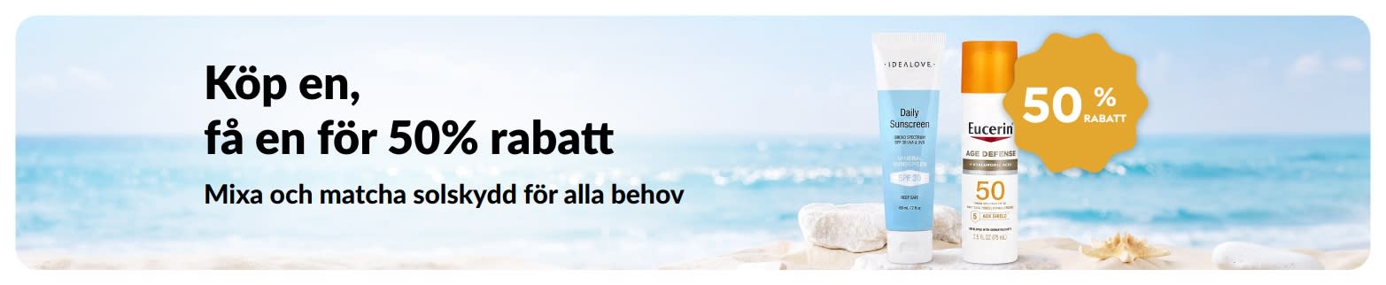 iHerb kampanjbanner för solskydd som erbjuder Köp en, få en för halva priset, med två solskyddsprodukter för daglig användning.