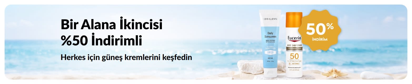 Günlük kullanım için iki SPF cilt bakım ürününü öne çıkaran, 1 Alana 2.si %50 İndirimli güneş kremi kampanyası iHerb banner’ı