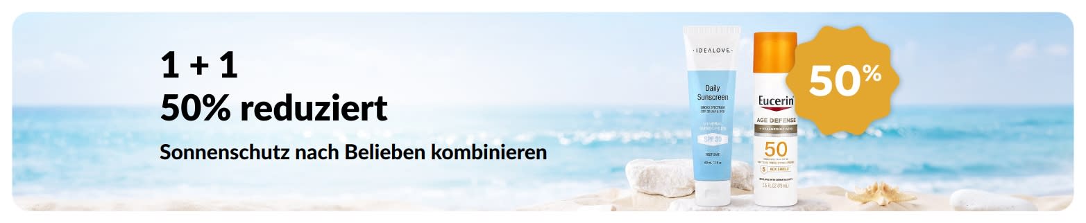iHerb Sonnencreme-Werbebanner mit 2 Sonnencremes mit 50% Rabatt auf ein Sonnenschutzprodukt beim Kauf eines anderen.
