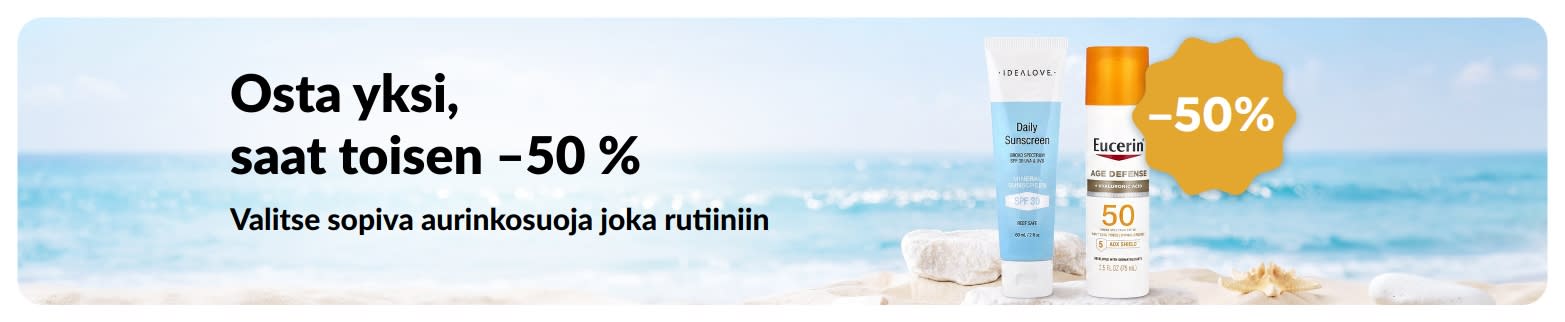 iHerbin mainosbanneri, joka tarjoaa toisen aurinkovoiteen –50 % kun ostat yhden. Kuvassa kaksi aurinkosuojatuotetta päivittäiseen käyttöön.