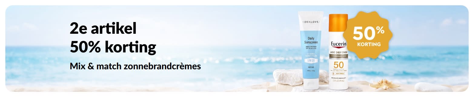 iHerb-promotiebanner voor zonnebrandcrème met een actie: 2e artikel 50% korting. De banner toont twee huidverzorgingsproducten met SPF voor dagelijks gebruik.