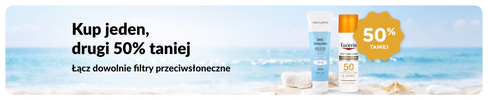 Banner promocyjny iHerb na filtry przeciwsłoneczne z ofertą »Kup 1, drugi 50% taniej«, przedstawiający dwa produkty SPF do pielęgnacji skóry do codziennego użytku