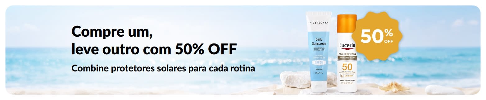 Banner promocional iHerb com protetores solares: compre um, leve outro com 50% OFF, com dois produtos de skincare com FPS para uso diário.