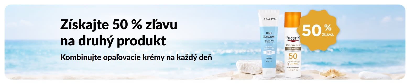 iHerb predajný baner, ktorý propaguje 50 % zľavu na druhý opaľovací krém s dvoma SPF krémami na každodenné použitie.