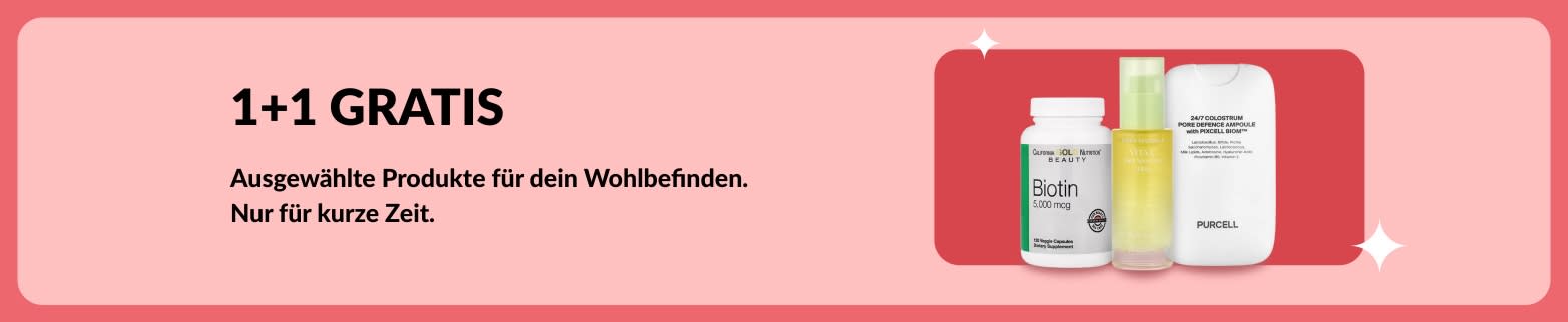 1+1 GRATIS Sale-Banner mit Biotin und Nahrungsergänzungsmitteln für Schönheit, zeitlich begrenztes Angebot.
