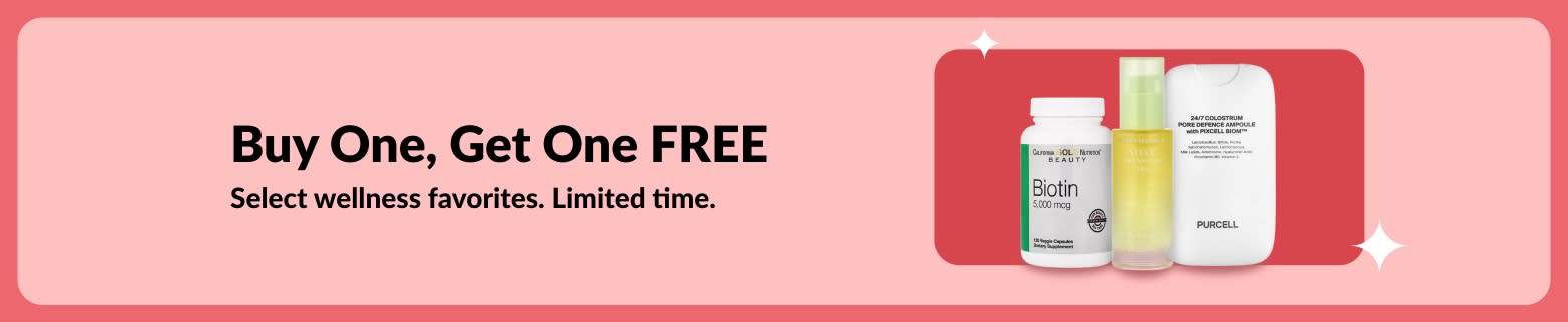 Buy One, Get One Free wellness sale banner featuring biotin and beauty supplements, limited time offer.