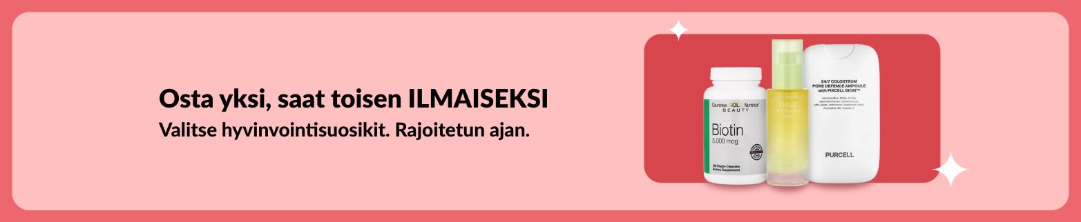 Osta 1, saat 2 -banneri, joka tarjoaa kauneustuotteita alennushintaan rajoitetun ajan. Kuvassa biotiini- ja kauneuslisäravinteita.