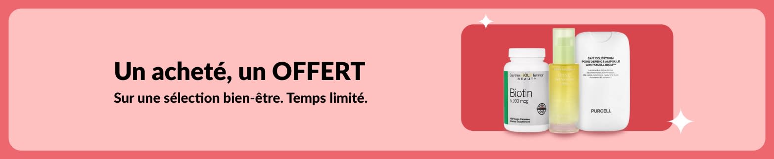 Bannière promo « Un acheté, un offert » sur des compléments bien-être (biotine et beauté). Offre à durée limitée.