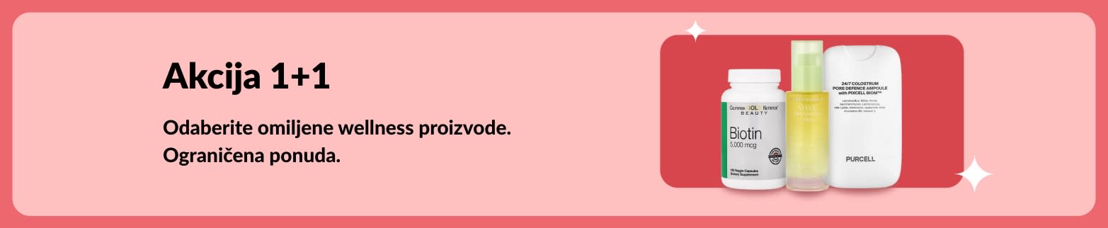 Reklamni natpis za promociju Akcija 1+1 na wellness proizvode s prikazom biotina i dodatka za ljepotu. Ponuda traje ograničeno vrijeme.