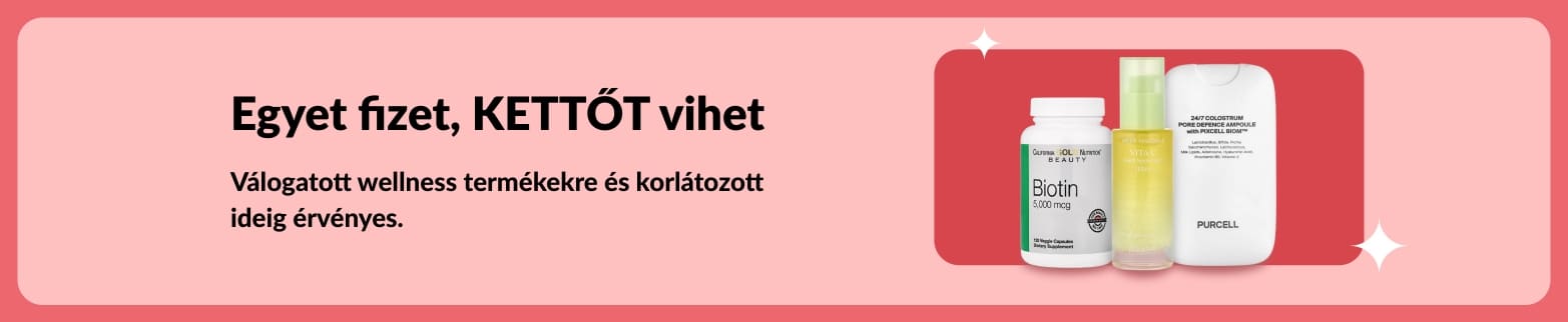 Korlátozott ideig érvényes, egyet fizet, kettőt vihet akciós banner biotinnal és szépségápolási étrend-kiegészítőkkel.
