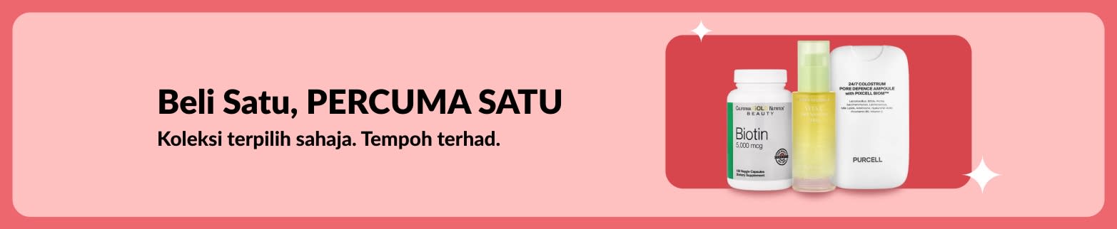 Sepanduk jualan kesejahteraan Beli Satu, Percuma Satu menampilkan suplemen biotin dan kecantikan, tempoh masa terhad.