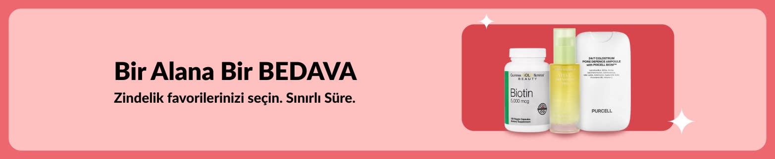 Biyotin ve güzellik takviyeleriyle Bir Alana Bir Bedava zindelik kampanyası bannerı, sınırlı süreli teklif.