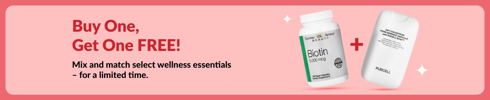 Buy One, Get One Free wellness sale banner featuring biotin and beauty supplements, limited time offer.