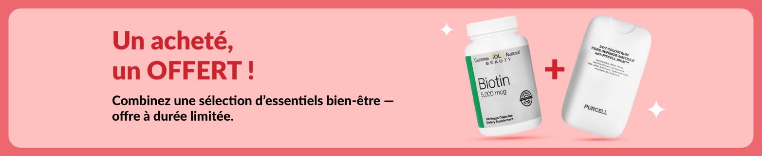 Bannière promo : « Un acheté, un offert » sur des produits bien-être, dont la biotine et compléments beauté. Offre limitée.