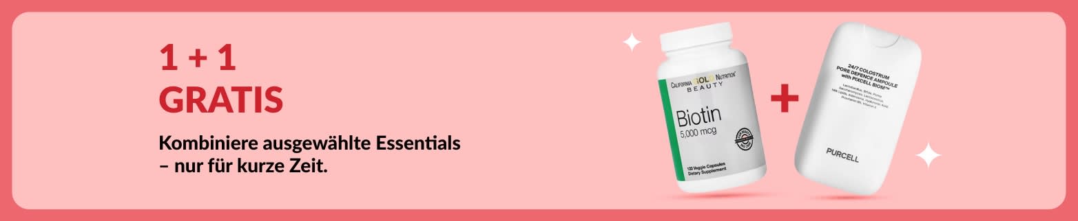 Banner für 1+1 Gratis-Aktion mit Biotin und Nahrungsergänzungen, zeitlich begrenztes Angebot.