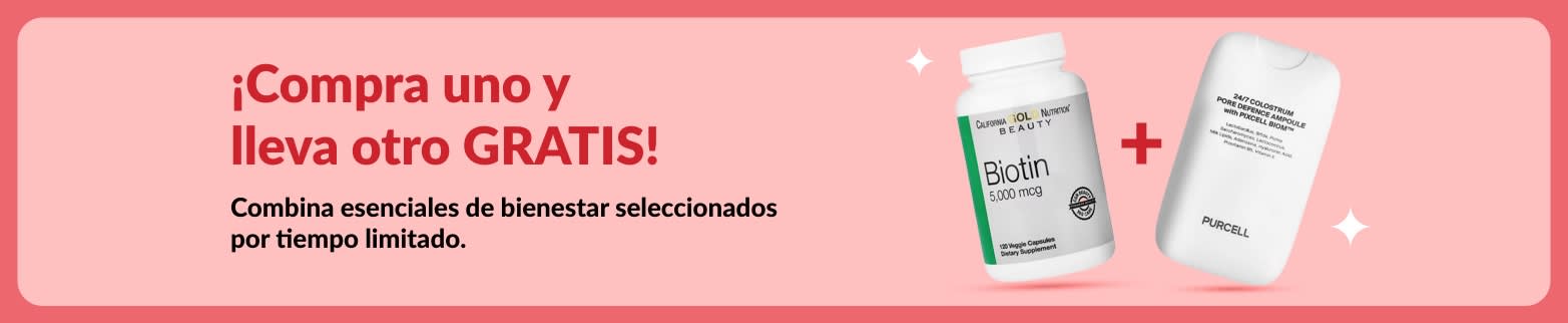 Banner Compra uno y lleva otro gratis que muestra biotina y suplementos de belleza, oferta por tiempo limitado.