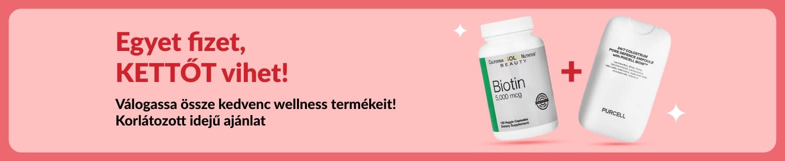 Egyet fizet, kettő vihet wellness akciós banner, amely biotint és szépségvitaminokat népszerűsít. Korlátozott ideig elérhető ajánlat.