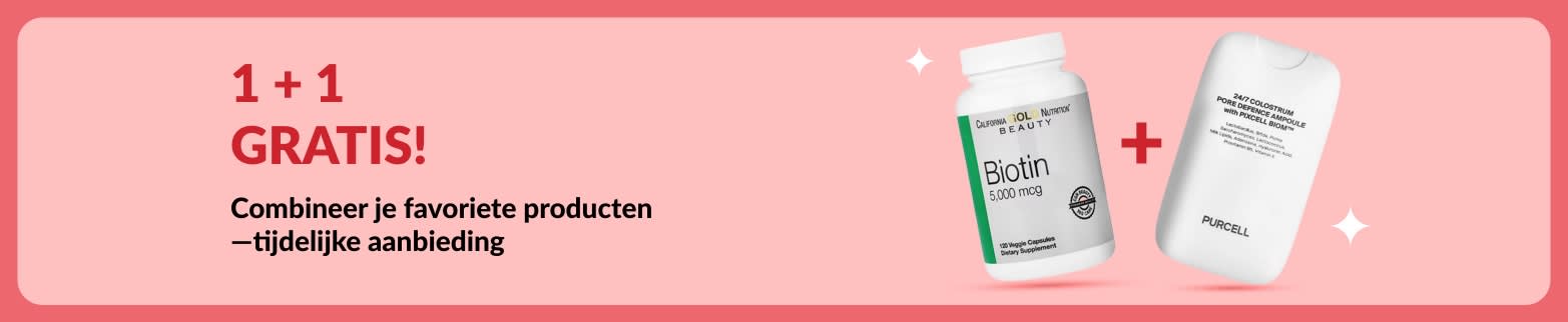 Aanbieding: 1 + 1 gratis ! Banner met welzijnsproducten zoals biotine en schoonheidssupplementen, tijdelijke aanbieding.