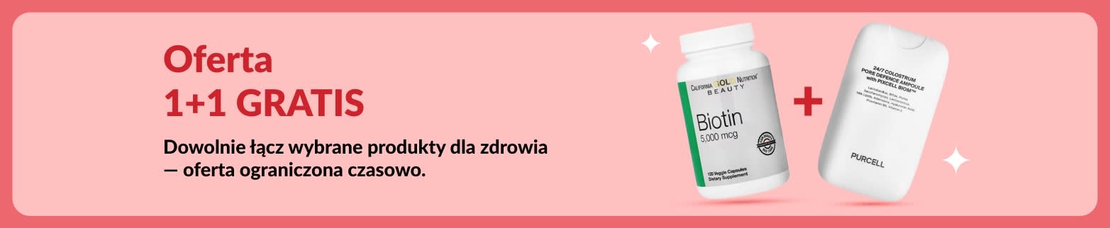 Baner na wyprzedaż wellness: Oferta 1+1 GRATIS na biotynę i suplementy urodowe. Oferta ograniczona czasowo.