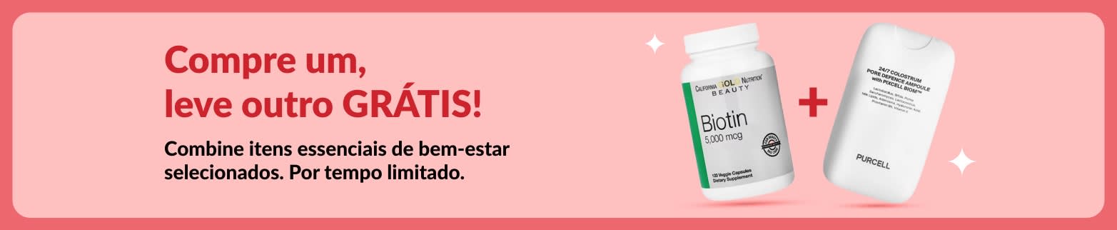 Banner da oferta compre um, leve outro grátis em suplementos de biotina e beleza. Por tempo limitado.