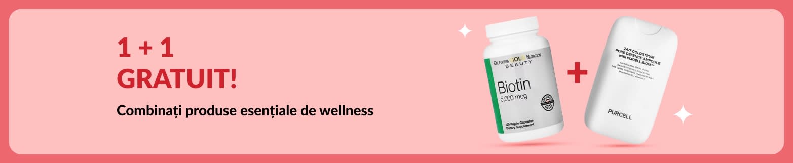 Banner 1 + 1 gratuit cu biotină și suplimente de înfrumusețare la ofertă cu durată limitată.