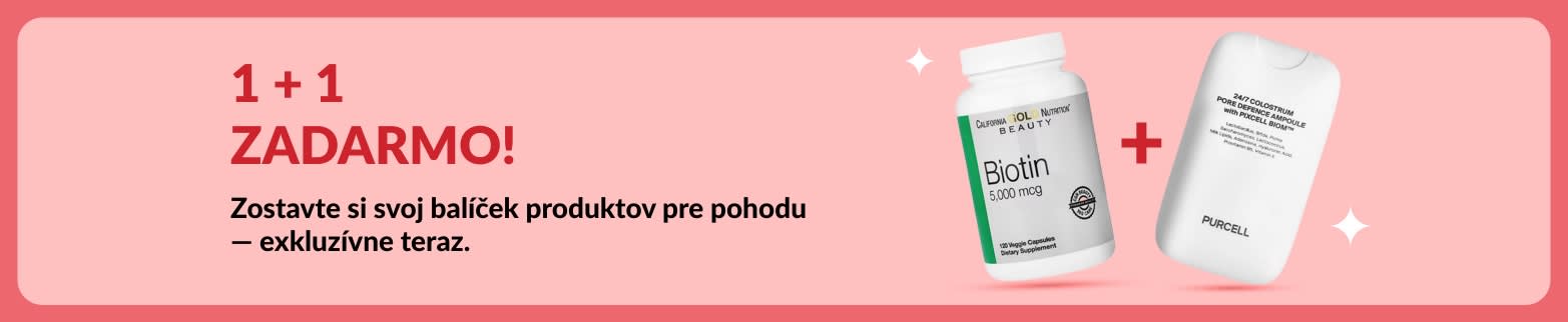Predajný baner s akciou 1 + 1 zadarmo s biotínom a doplnkami pre krásu, časovo obmedzená ponuka.