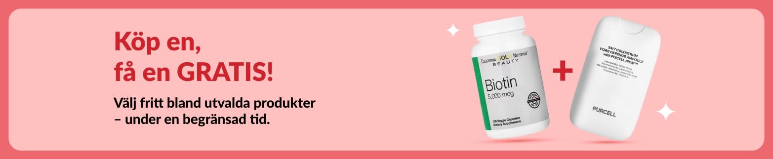 ”Köp en, få en gratis” – kampanjbanner för hälsoprodukter med biotin och skönhetstillskott, tidsbegränsat erbjudande.