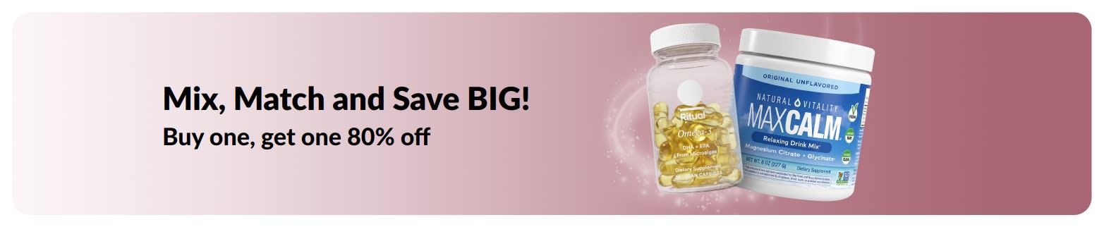 iHerb promo banner offering buy one get one 80% off on wellness essentials.