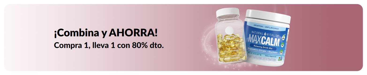 Banner de iHerb con la oferta de “Compra uno, lleva otro con 80% de dto.” en esenciales para el bienestar.