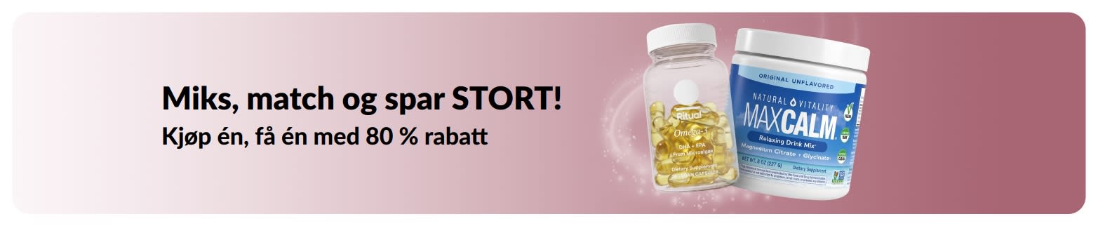 iHerb-kampanjebanner som tilbyr kjøp én, få én med 80 % rabatt på velværeprodukter.