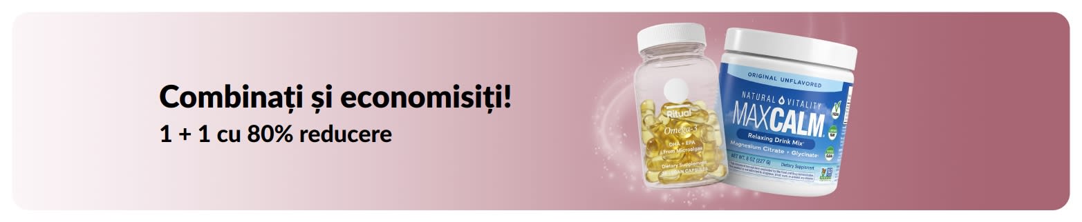 Banner promoțional iHerb cu 1 + 1 cu 80% reducere la produse esențiale pentru bunăstare.