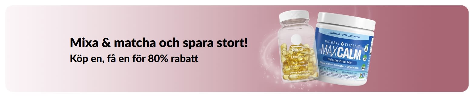 iHerb kampanjbanner som erbjuder köp en, få en för 80% rabatt på produkter för välmående. 