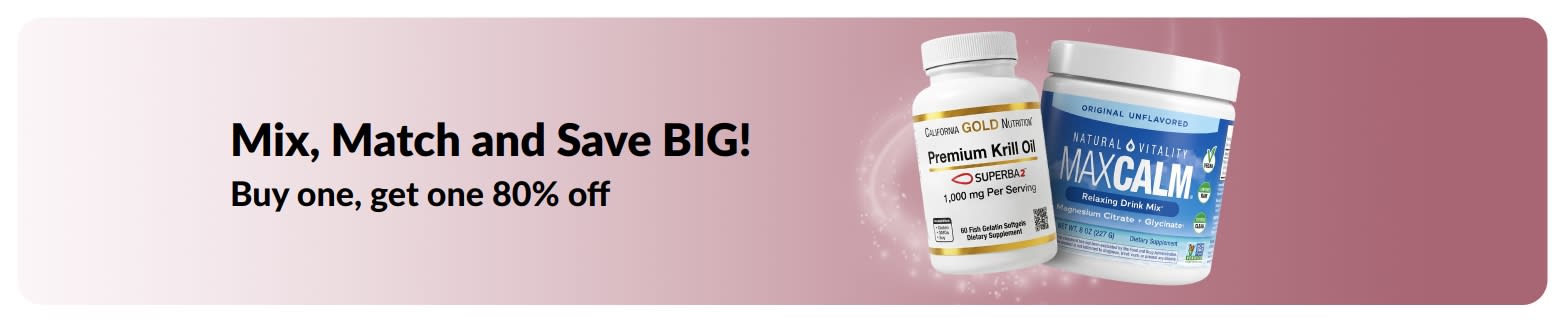 iHerb promo banner offering buy one get one 80% off on wellness essentials.
