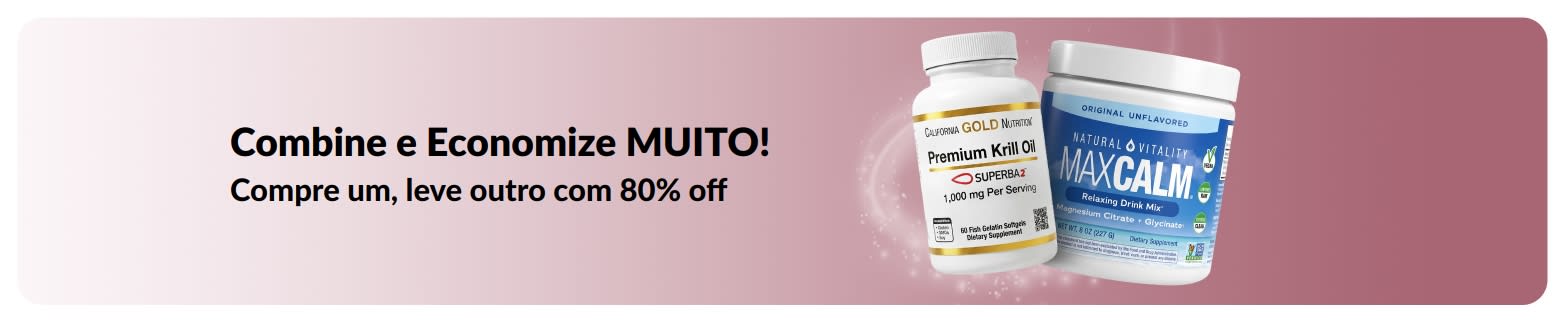 Banner promocional da iHerb: Compre um e ganhe 80% de desconto no segundo em itens essenciais de bem-estar.