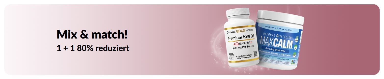 iHerb-Werbe-Banner mit dem Angebot „Kauf eins, bekomm das zweite mit 80 % Rabatt“.