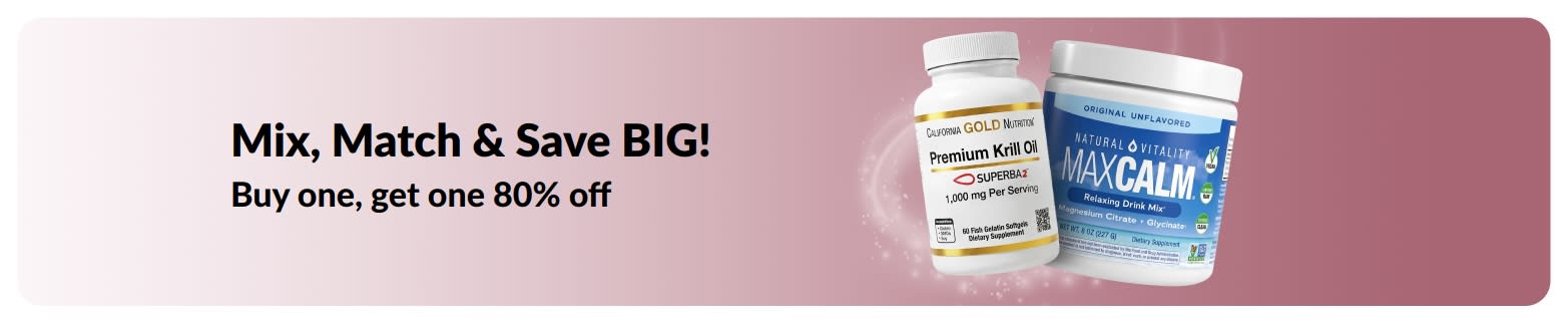 iHerb promo banner offering buy one get one 80% Off on wellness essentials.