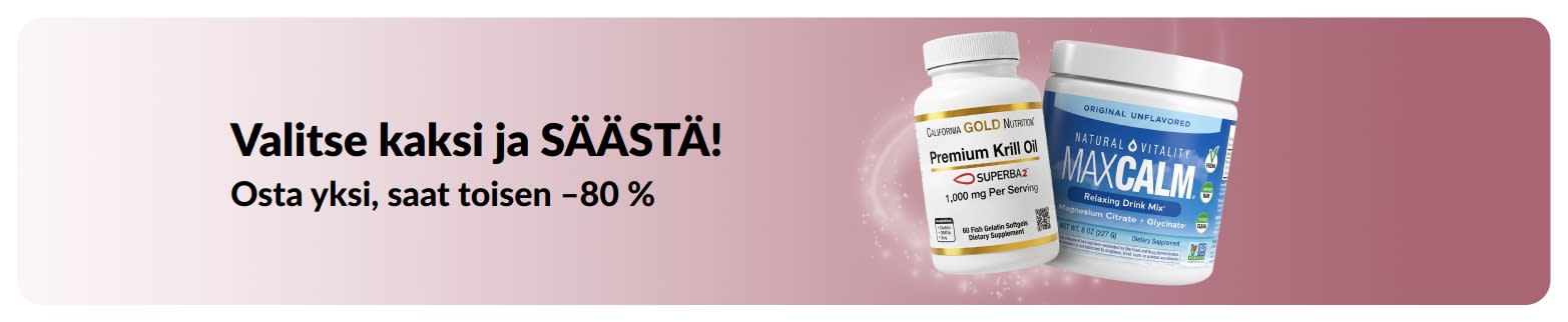 iHerbin kampanjabanneri, jonka mukaan ostamalla yhden saat toisen –80 % hyvinvointituotteista.