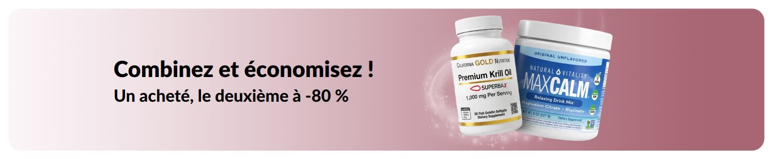 Bannière promotionnelle iHerb : un produit acheté, le deuxième à -80 % sur les essentiels bien-être.