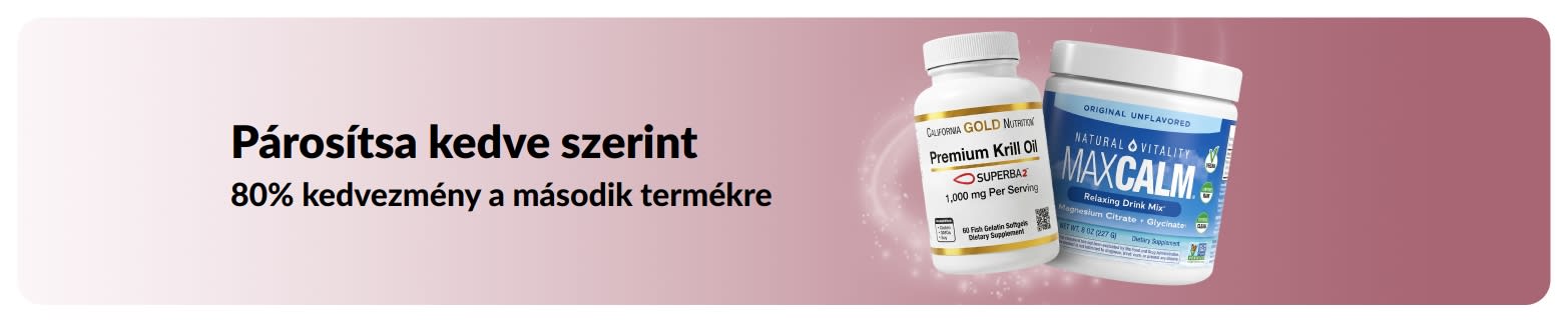 iHerb promóciós banner: „80% kedvezmény a második termékre” ajánlat alapvető egészségmegőrző termékekre.