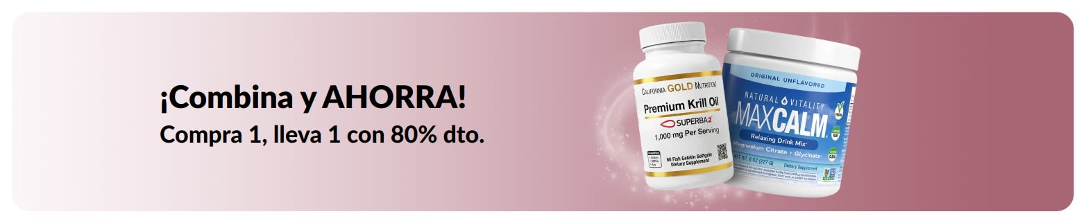 Banner de iHerb con la oferta de “Compra uno, lleva otro con 80% de dto.” en esenciales para el bienestar.