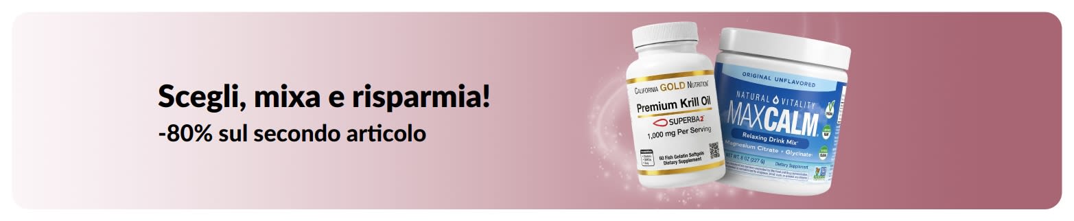 Banner promozionale iHerb che offre l'80% di sconto sul secondo prodotto acquistato su articoli essenziali per il benessere.